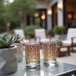 Elegant Moroccan tea glasses on outdoor patio table
