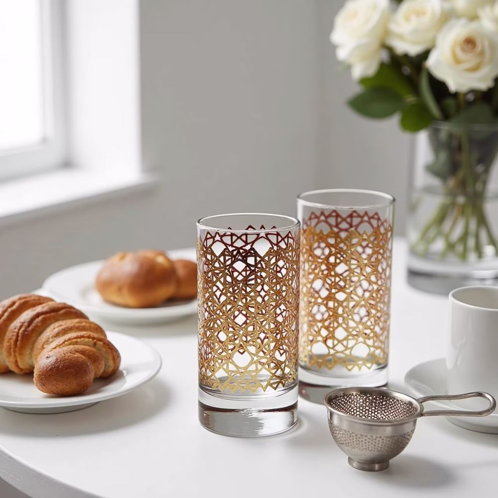 Gold patterned tea glasses with croissants and tea strainer