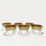 Set of six glass coffe cups with gold pattern rim