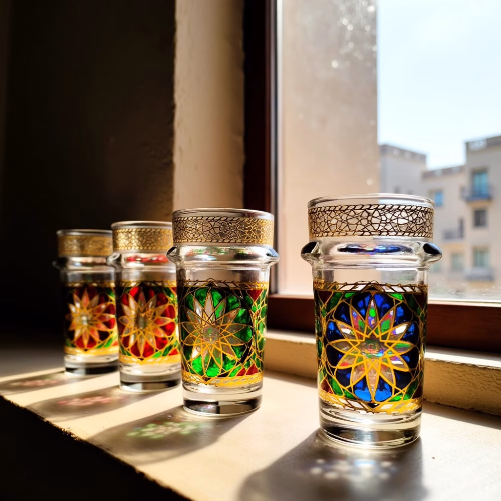 Tea glasses with colorful designs in window light