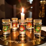 Tea glasses with oriental motifs by candlelight