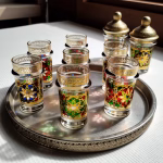 Oriental pattern tea glasses on silver serving tray