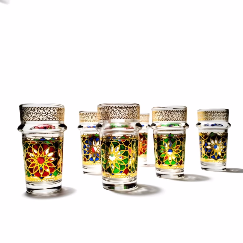 Set of six tea glasses with traditional oriental designs