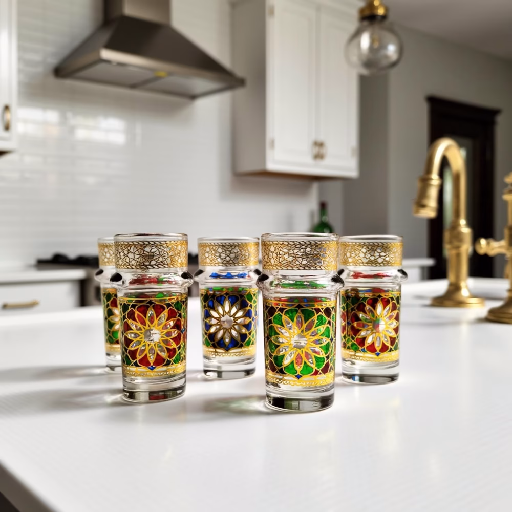 Oriental design tea glasses set in modern kitchen