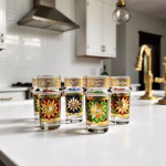 Oriental design tea glasses set in modern kitchen