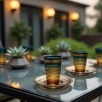 Gold band Moroccan tea glass set with amber saucers displayed on an outdoor balcony table