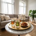 A collection of oriental tea glasses arranged on a traditional round brass tray with sweet Moroccan pastries, resting on a marble coffee table in an airy, modern living room.