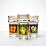 A bright studio close-up of three oriental tea glasses, highlighting their intricate hand-painted gold rims and vibrant, stained-glass style floral patterns on a pure white background.