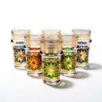A beautiful set of six oriental tea glasses featuring vibrant multi-colored geometric patterns and delicate gold detailing, arranged in a triangle against a clean white background.