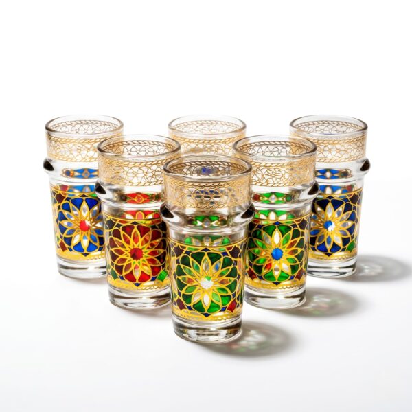A beautiful set of six oriental tea glasses featuring vibrant multi-colored geometric patterns and delicate gold detailing, arranged in a triangle against a clean white background.
