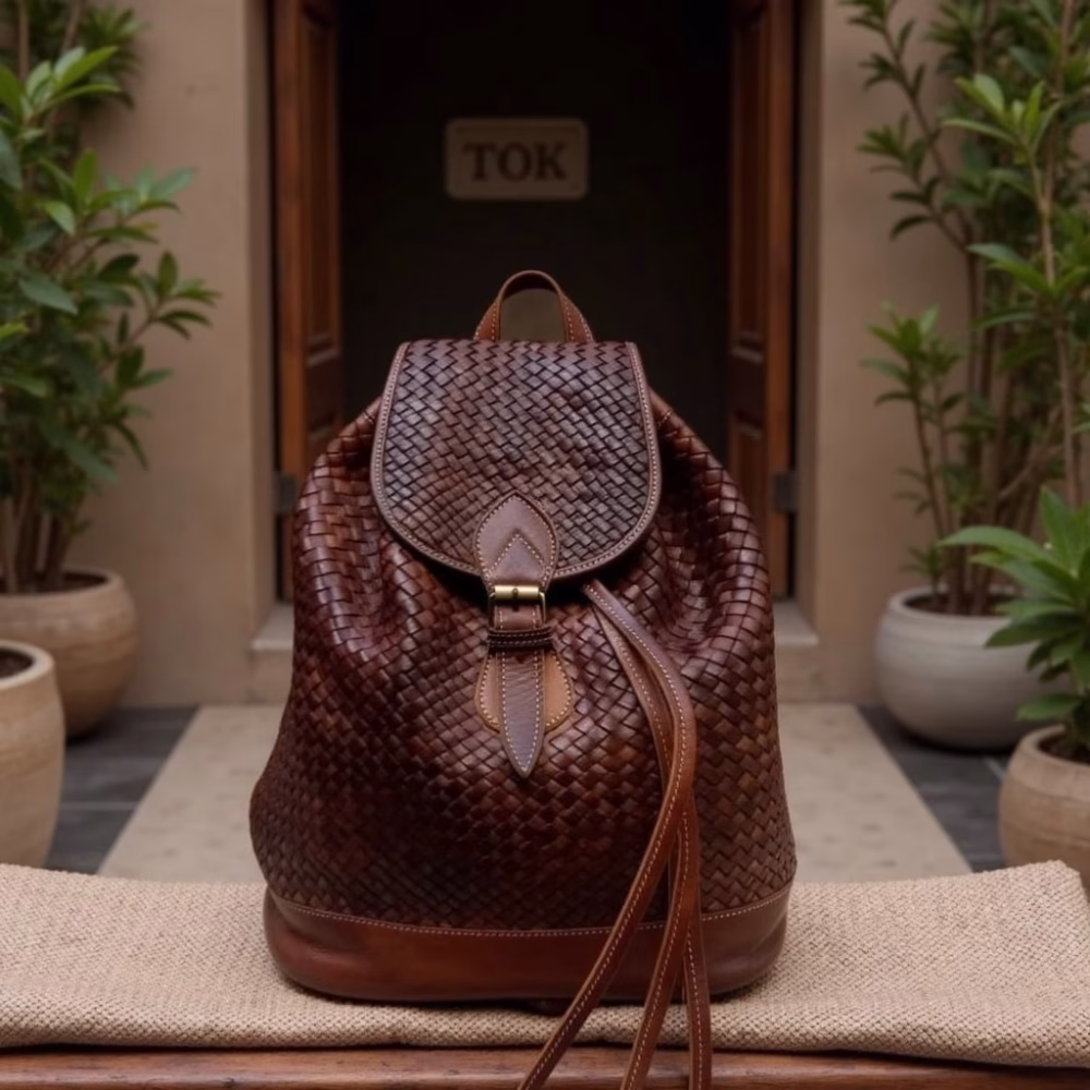 Brown Leather Woven Backpack