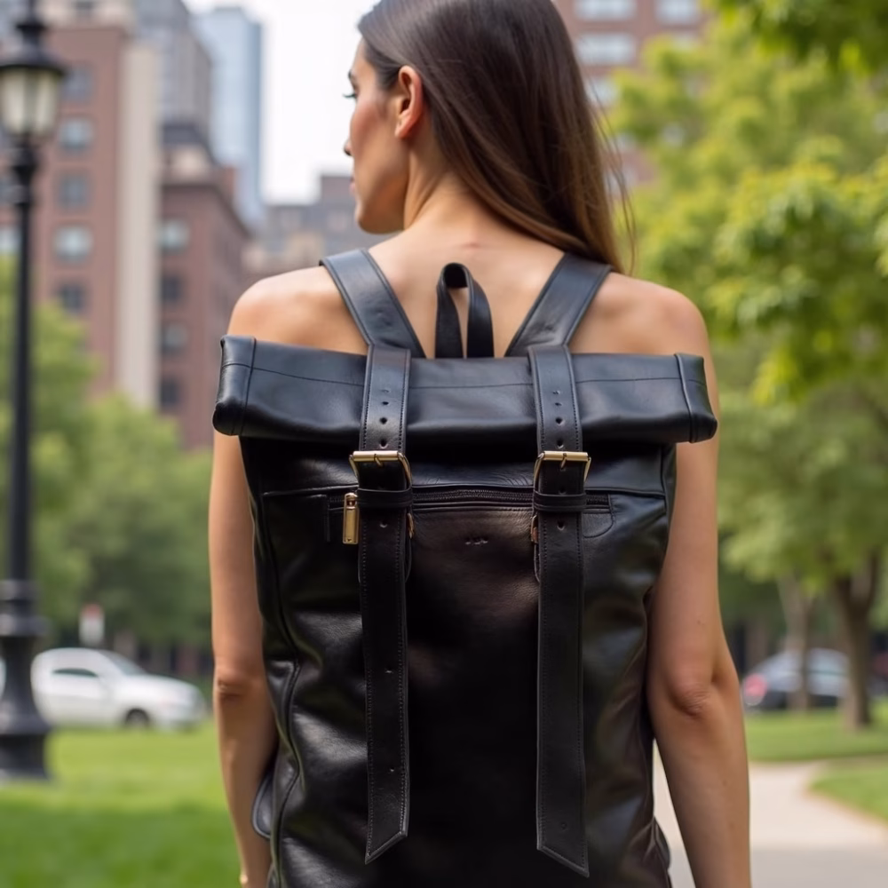 Woman wearing black leather rolltop backpack outdoors
