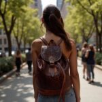 Woman walking outdoors wearing brown woven leather backpack with intricate basket-weave craftsmanship