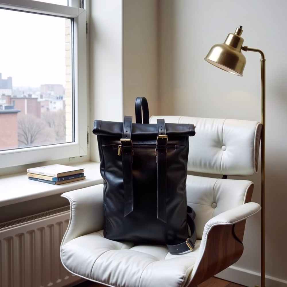 Black leather rolltop backpack by window