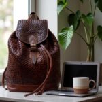 Elegant woven leather backpack on chair showing full-grain brown leather basket-weave pattern