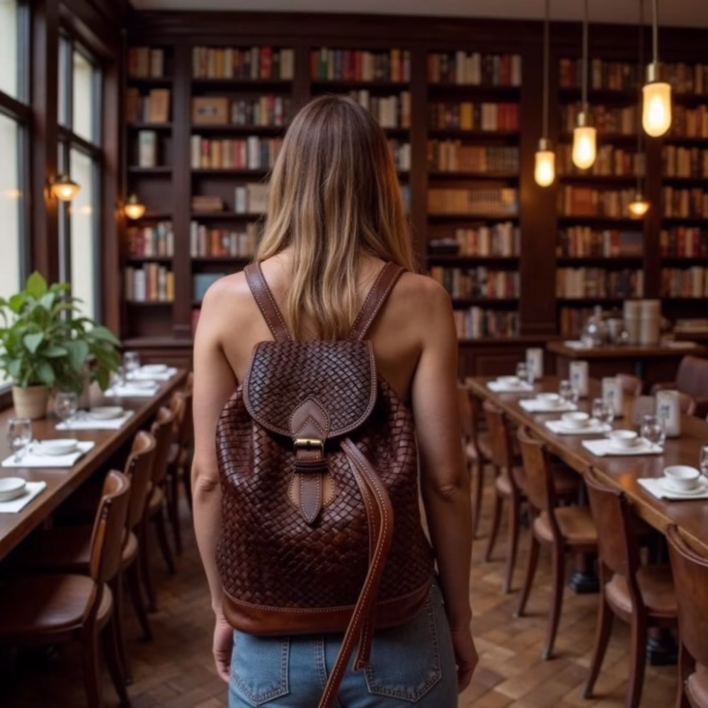 Brown Leather Woven Backpack