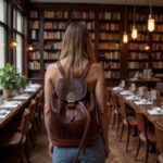 Woman wearing brown woven leather backpack with intricate basketweave design in cafe
