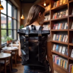 Person wearing black leather backpack in library