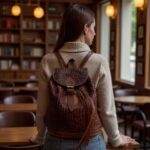 Brown basket-weave leather backpack with brass hardware worn casually by woman in beige sweater