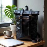 Premium black leather backpack with laptop compartment displayed on work desk with coffee
