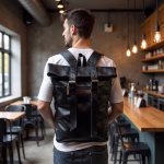 Man with black leather rolltop backpack in cafe