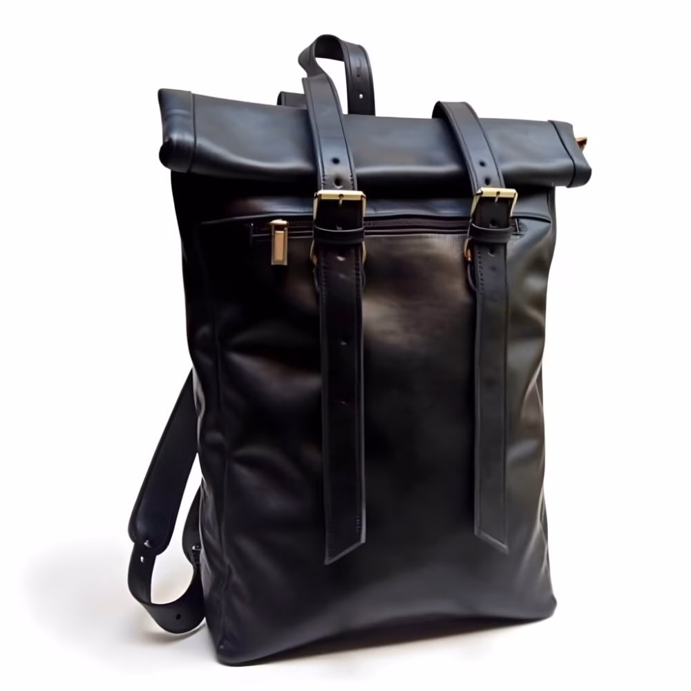 Studio product shot of black leather backpack"