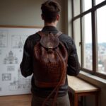 Handcrafted woven leather backpack in cognac brown worn by man near architectural window