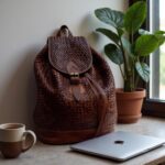 Woven leather backpack in rich brown displayed on marble table with scenic mountain view