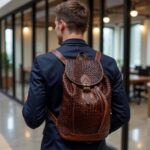 Professional wearing woven leather backpack with diagonal basket-weave pattern in modern workspace