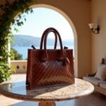 Handcrafted woven leather tote bag on marble table with coastal view, highlighting artisan basketweave texture