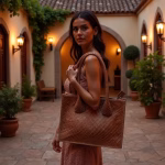 Woven leather handbag styled in Spanish villa