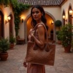 Model carrying structured woven leather tote bag over shoulder in courtyard, brown basketweave handbag detail