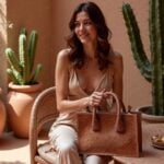 Woman holding woven leather tote bag with diagonal basketweave texture in warm terracotta Mediterranean setting