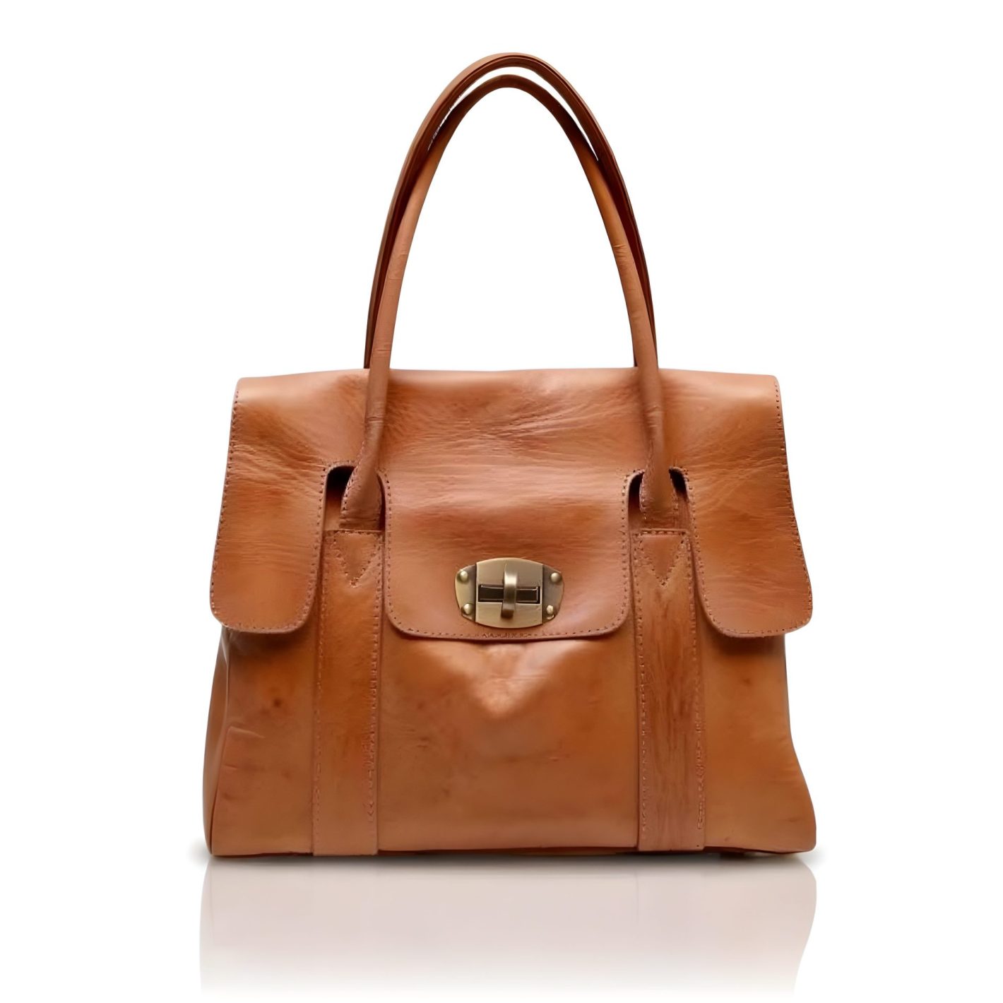 Handcrafted Moroccan Bayswater Leather Tote Bag (1) Cognac leather tote bag with structured satchel design and gold turn-lock closure on white background