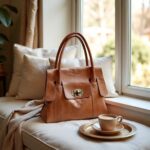 Cognac leather tote bag resting on cozy window seat with coffee cup and soft morning light