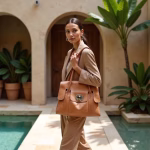 Woman carrying leather bayswater bag in courtyard