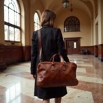 Woman walking through an elegant lobby carrying a handcrafted cognac leather weekend bag by the top handles