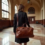 Professional woman carrying cognac leather weekend bag with shoulder strap in elegant hallway, travel duffle