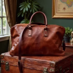 Handcrafted leather weekend bag on vintage trunk