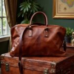 Cognac leather weekend bag resting on a vintage trunk beside a window, displaying natural grain and brass hardware