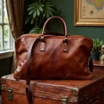 Premium cognac leather weekend bag stacked on vintage suitcase, showcasing rich patina and travel duffle design