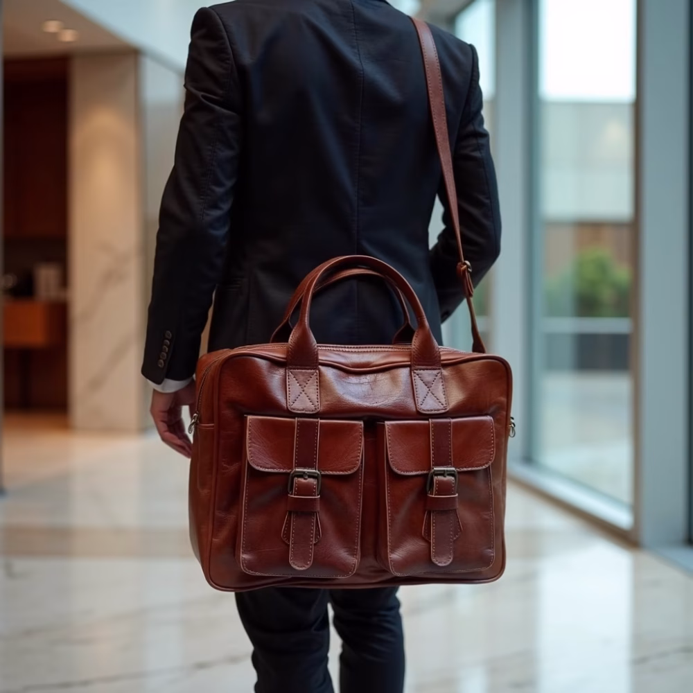 Professional carrying brown leather laptop bag