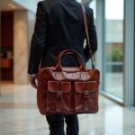 Professional leather laptop messenger bag carried by businessman with shoulder strap and handles visible