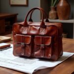 Brown leather laptop messenger bag with brass buckles on wooden table with blueprints and pen