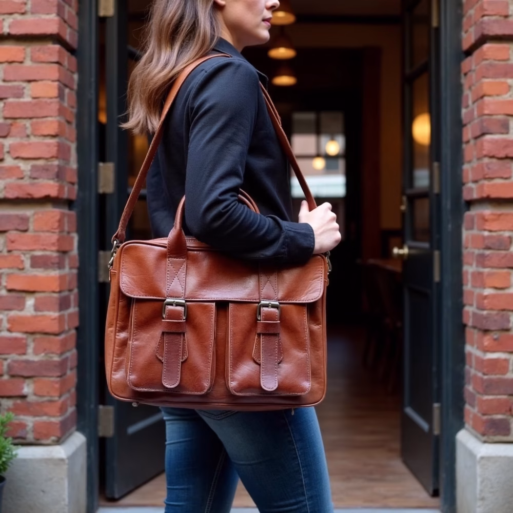 Side view of leather laptop messenger bag being carried