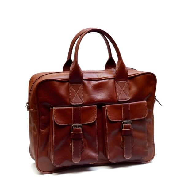 Brown leather laptop messenger bag with brass buckle pockets and contrast stitching on white background