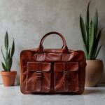 Handcrafted leather laptop messenger bag with brass buckles displayed on concrete with potted plants