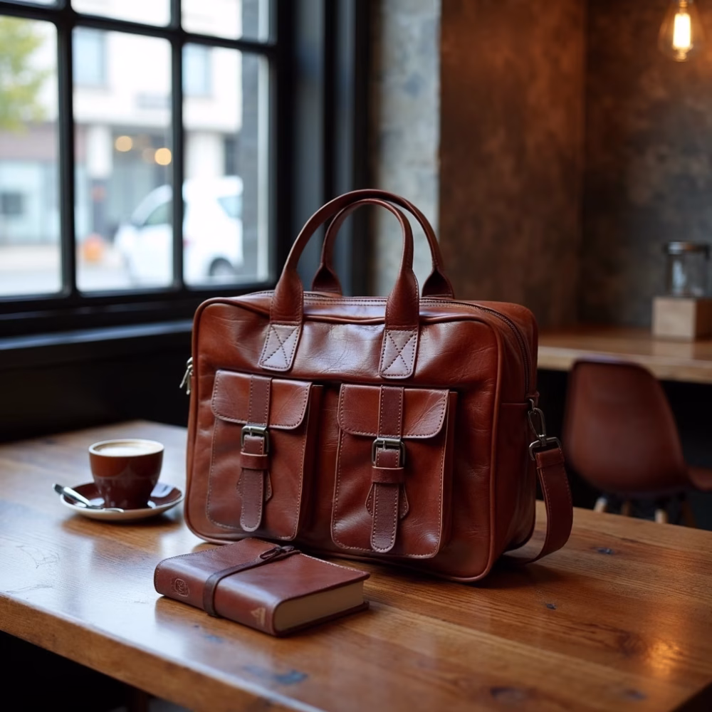 Office setting with leather laptop messenger bag
