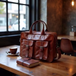 Office setting with leather laptop messenger bag
