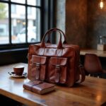 Cognac leather laptop messenger bag on cafe table next to cappuccino and leather wallet accessory